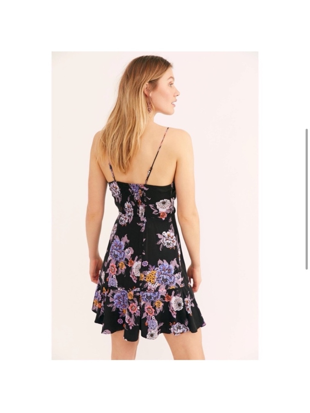 Free People Happy Heart Black V-Neck Floral Design Mini Dress Boho Festival - Picture 3 of 13